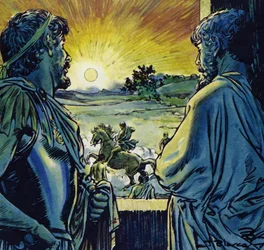 Alessandro era in grado di cavalcare Bucefalo, un destriero di fuoco (litografia a colori)