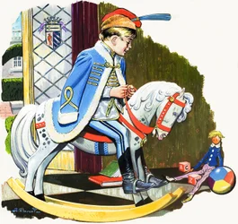 Ragazzo su cavallo a dondolo, illustrazione da "Teddy Bear" (gouache su carta)