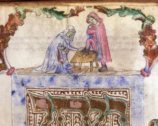 Ebraismo: rito ebraico del lavaggio dei piedi (abluzione) del viaggiatore. Miniatura da un manoscritto ebraico del XIV secolo. Biblioteca Palatina, Parma