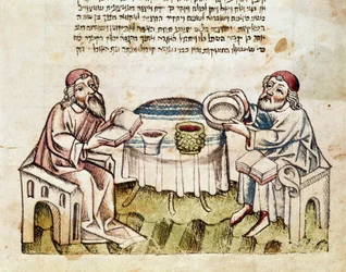 Giudaismo: due rabbini celebrano la Pasqua con la cerimonia del Seder, miniatura da un Mahzor (libro di preghiere in ebraico), XV secolo, Parma, Biblioteca Palatina