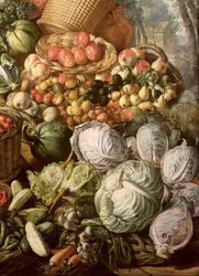 Natura morta con frutta, verdura e una donna al mercato (dettaglio)