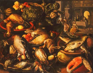 Selvaggina, Pesce, Frutta e Verdura in Cesti e Ciotole in una Dispensa, 1569