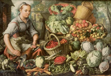 Natura morta con frutta, verdura e una donna del mercato, 1564