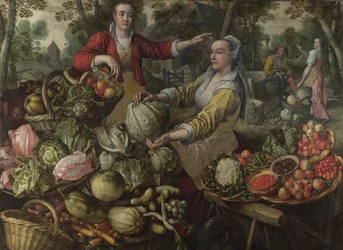 I Quattro Elementi: Terra. Un mercato di frutta e verdura con la fuga in Egitto sullo sfondo