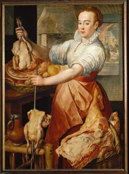 Cucinare con il pollo (pittura su legno di quercia)