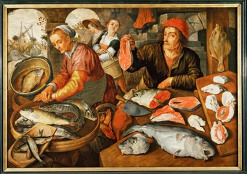 Mercato del pesce (olio su legno)