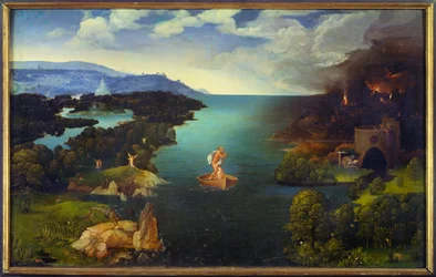 Il passaggio dello Stige: Caronte sulla sua barca negli Inferi. Dipinto di Joachim Patinir (Skater) (1485-1524), scuola fiamminga. Dimensioni 0,64 x 1,03 m, Madrid, Museo del Prado