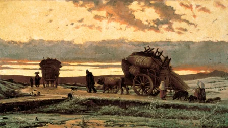 Dolore. Dolore" (o inverno): scena che raffigura famiglie di contadini cacciati dalle loro terre. Dipinto di Joaquim Vayreda i Vila (1843-1894). 1876. Barcellona. Museo Nazionale d