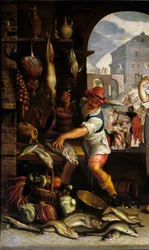 (dettaglio) Scena di cucina con la parabola della festa. Un uomo prepara il pesce. Dipinto di Joachim Wtewael. Parigi, Museo del Louvre