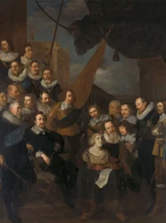 Ufficiali e altri membri della Guardia Civica del XIX Distretto di Amsterdam, sotto il comando del Capitano Cornelis Bicker e del Tenente Frederick van Banchem, in attesa di accogliere Maria de