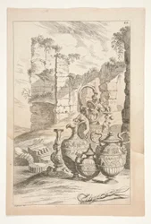 Un candelabro e brocche ornamentali con manico in un paesaggio con rovine, da Sculpturae Veteris Admirata