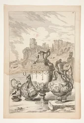 Quattro vasi, un vaso rotto, un candeliere rotto e un erma in un paesaggio con rovine classiche
