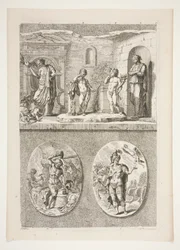 parte superiore: Quattro statue antiche parte inferiore: Fucina di Vulcano e Un generale romano vittorioso