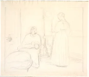 Interno con orologio e donna seduta e in piedi