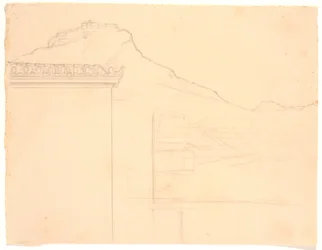 Vista verso edifici su una cima rocciosa; in primo piano a sinistra un angolo di casa