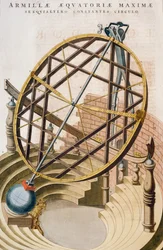 Grande sfera armillare equatoriale progettata da Tycho Brahe, illustrazione da Le grand atlas ou Cosmographie blaviane (Atlas Maior), di Joan Blaeu, incisione, Paesi Bassi