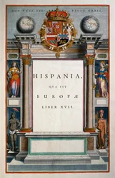Hispania quae est Europae (Spagna), Libro XVII, pagina del titolo Volume IX, Atlas Maior, di Joan Blaeu, incisione su rame, Amsterdam