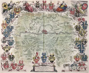 Mappa di Francoforte e dei dintorni, da „Nova Hanc Territori Francofurtensis Tabulum“, 1649