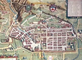 Mappa di Gubbio, Italia, da Theatrum civitatum et admirandorum Italiae di Joan Blaeu, incisione
