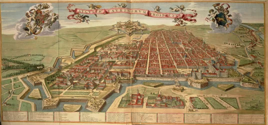 Mappa di Torino, incisione dal Theatrum Sabaudiae di Joan Blaeu, stampata in Italia