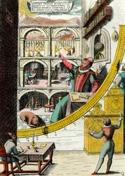 Rappresentazione di Tycho Brahe, astronomo danese nel suo osservatorio. Incisione da 