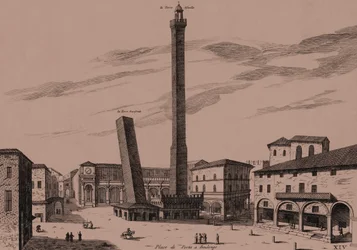 Le due torri (Asinelli e Garisenda), Bologna, Emilia-Romagna, Italia, incisione su rame, ca 21x29 cm