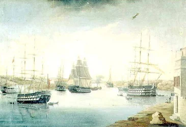 Vista dalla Porta di Mahon, dal Fonduco con varie fregate straniere