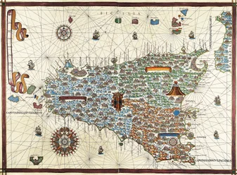Isola di Sicilia. (Sicilia) Mappa di navigazione di Joan Martines (1556-1591)