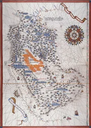 Mappa della Penisola Arabica, con rosa dei venti e dettagli di porti e coste, in Atlas de Joan Martines