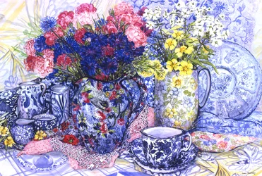 Fiordalisi con brocche antiche e tessuti decorati, 2012