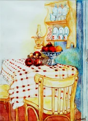 Tavolo della cucina del cottage con mele, 2005
