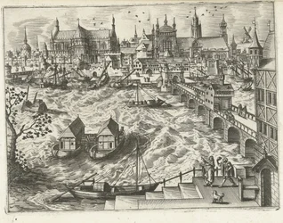 Veduta urbana con ponte e porto (serie Paesaggi, vedute marine e vedute urbane fantasiose)