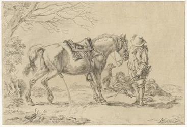 Cavaliere accanto a un cavallo che urina