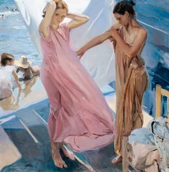 Dopo il bagno, due ragazze che si cambiano dopo il bagno al mare