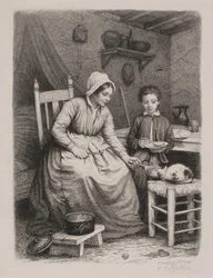 Il gatto riceve il pranzo da una donna povera. Scena domestica