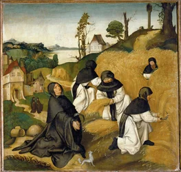 Monaci cistercensi che raccolgono (tempera su tavola)