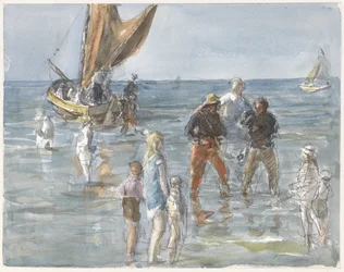 Dama portata a terra da due pescatori da una barca