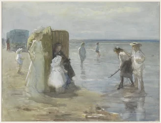 Veduta lungo la linea di marea sulla spiaggia di Scheveningen, con due signore e bambini