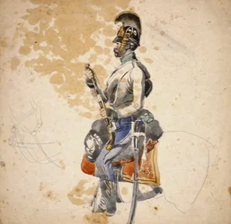 Un cavaliere del 5º reggimento dragoni che ricarica la sua pistola da cavallo, 1840-1850