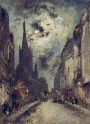 Rue St. Jacques con la chiesa di St. Séverin al chiaro di luna
