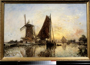 Paesaggio olandese, barche vicino al mulino