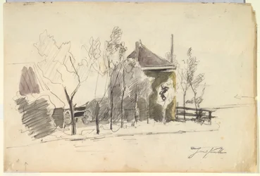 Carro di fieno in un cortile di fattoria (recto); Vista di una fattoria (verso)