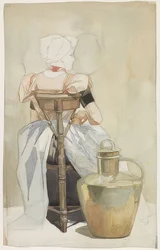 Ragazza seduta in costume tradizionale, vista di schiena