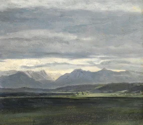 Studio di un paesaggio con cielo azzurro sulle montagne