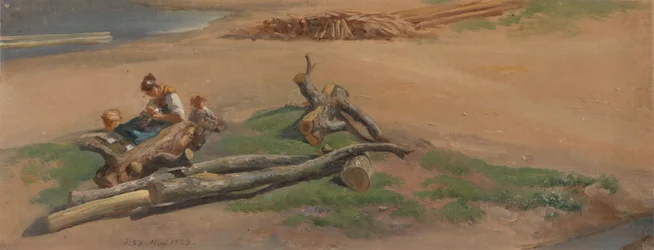 Donna e bambino sulla riva di un fiume