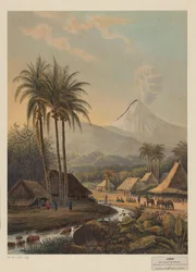 Veduta di un villaggio e del vulcano Semeru a Giava
