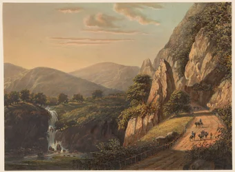 Veduta di una cascata e strada di campagna a Preanger a Giava