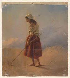 Contadina in piedi con bastone