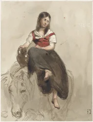 Donna a cavallo con una brocca