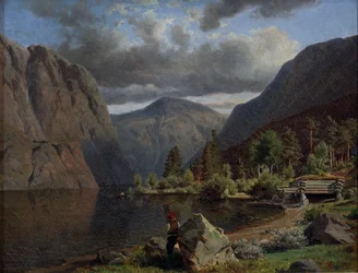 Uomo nel paesaggio del fiordo